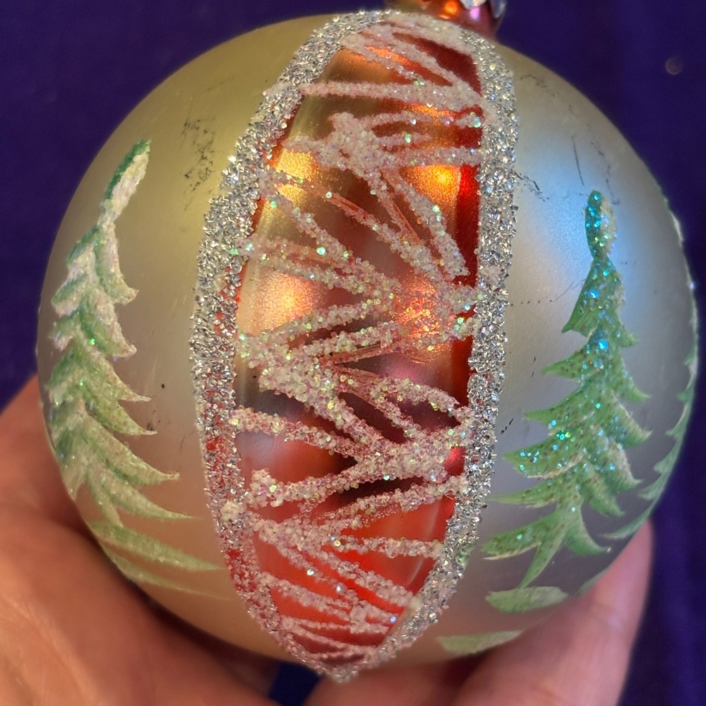 Vintage Mid-Century Hand Painted Pine Trees Glitter Glass Christmas Ornament - Picture 3 of 7